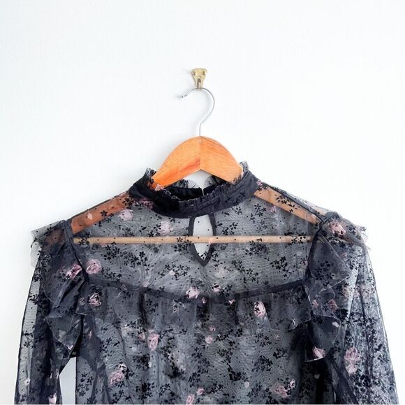 Suzy Shier Floral Blouse Sheer Black Flocked Ruffled Elastic Cuff Women's S - Picture 4 of 9